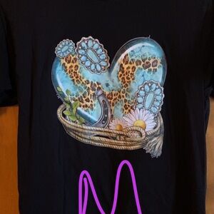 Black T-Shirt with Blue and Leopard Heart Design